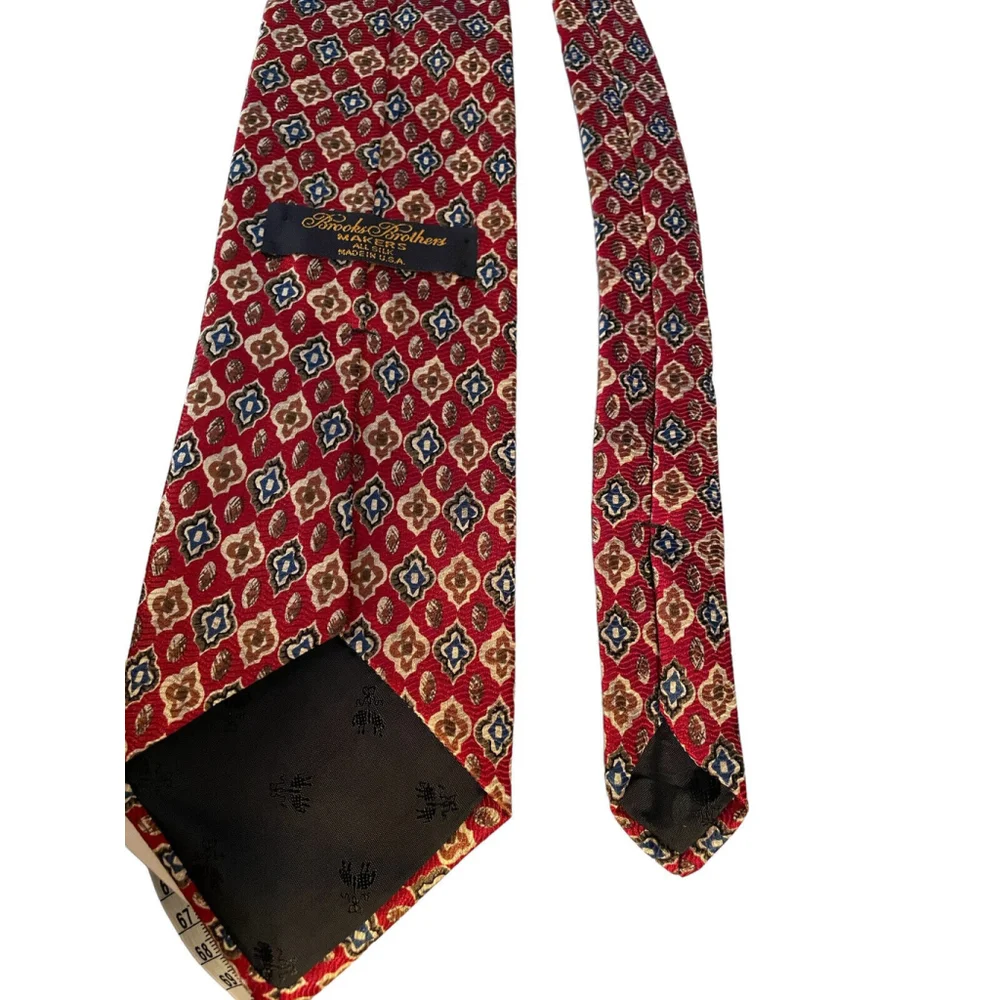 Brooks Brothers Makers Patterned Silk Neck Tie‎ Made In USA Cranberry Red Blue